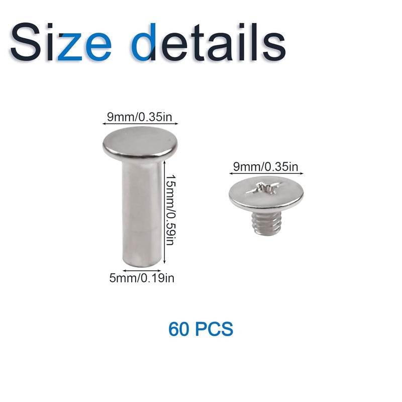 INCREWAY Phillips Screws, 60 Sets 5mm X 15mm Nickel Plated Chicago Binding Screws Round Cross Head Stud Screw Posts Nail Rivet, Silver Tone - Image 2